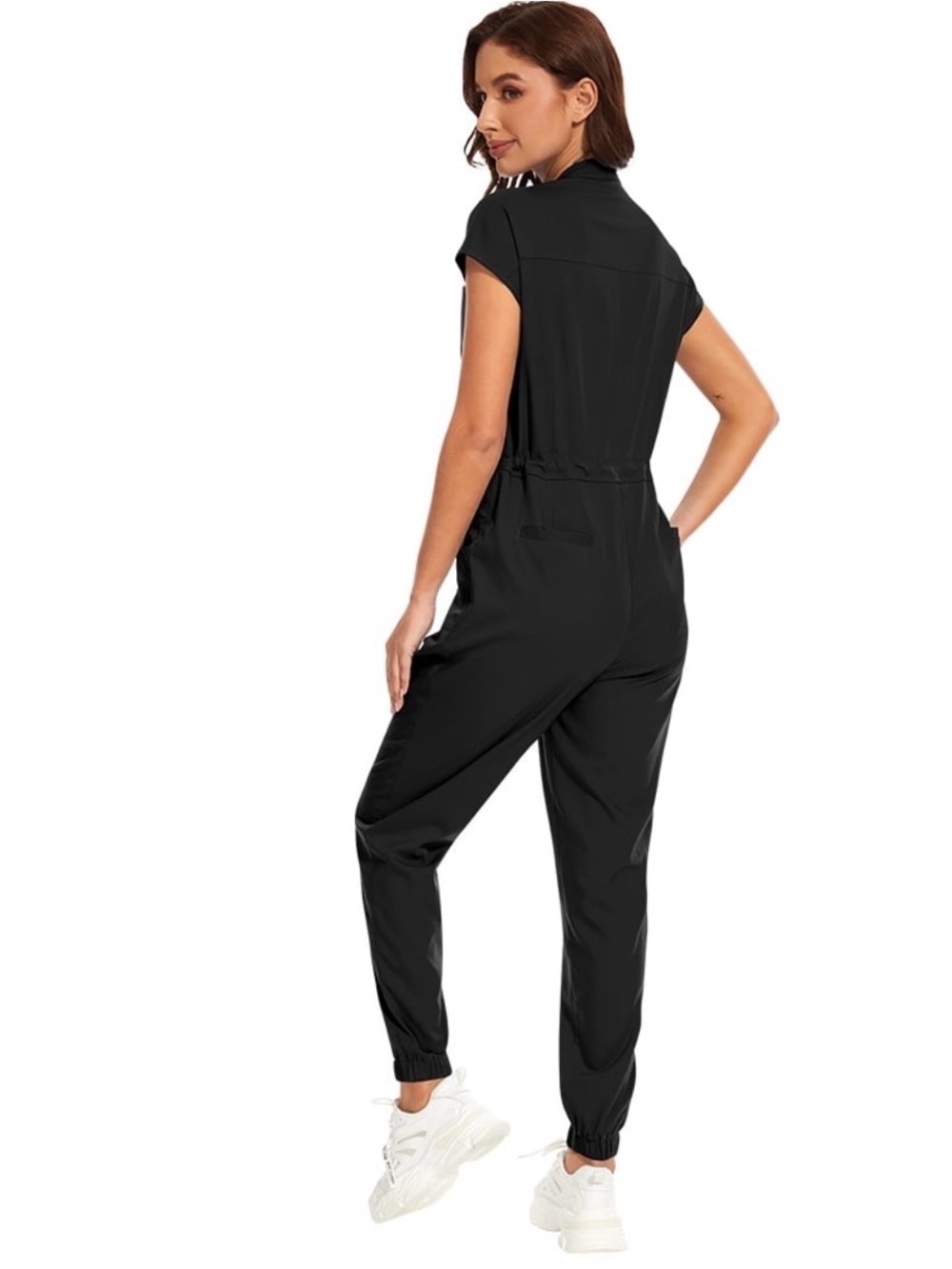 Black Short-Sleeve Utility Jumpsuit with Drawstring Waist - Picture 3 of 7